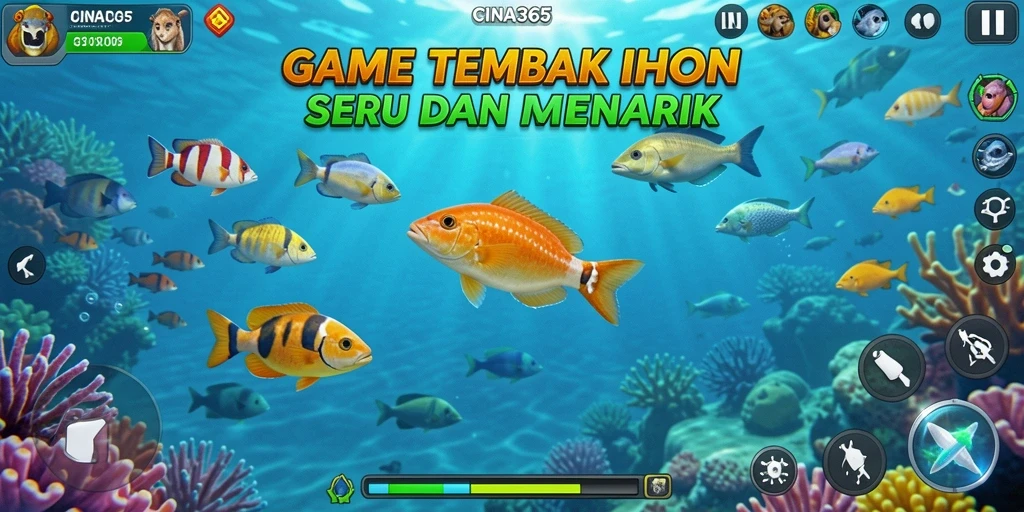 Screenshot gameplay CINA365 yang menampilkan aksi menembak ikan yang seru.