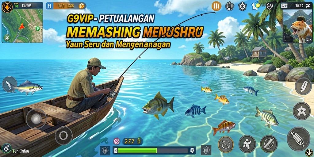 Screenshot G9VIP menunjukkan aksi seru memancing di laut.