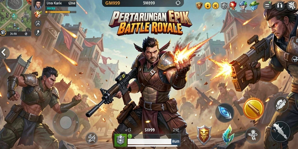 Tampilan penuh aksi gameplay GIM999 dalam pertempuran Battle Royale.