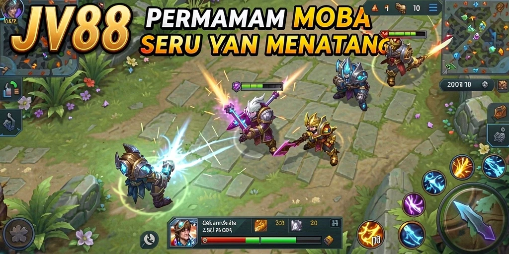 Screenshot gameplay JV88 yang menunjukkan aksi seru di arena MOBA.