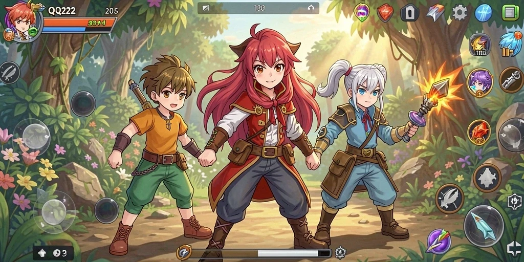 Tampilan gameplay QQ222 yang penuh warna dan karakter Anime yang menarik.