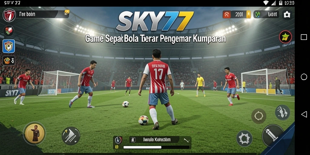 Screenshot utama SKY77 menunjukkan aksi seru di lapangan sepak bola.