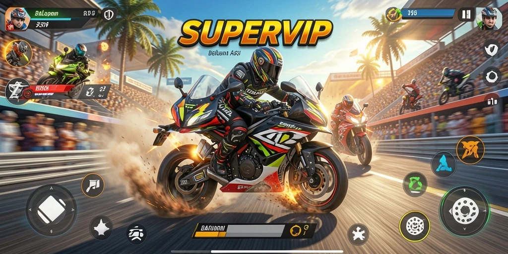 Screenshot gameplay SUPERVIP menampilkan aksi balapan motor yang intens.