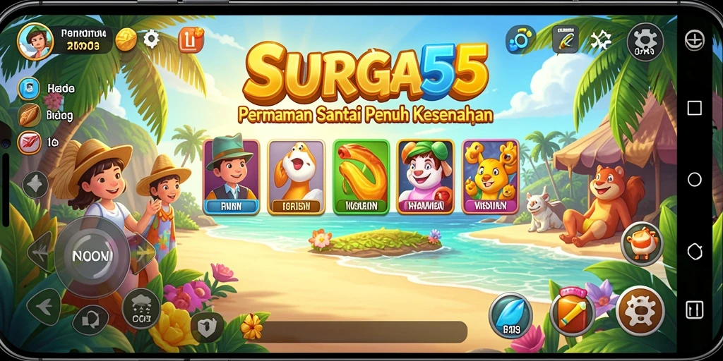 Tampilan gameplay SURGA55 yang ceria dan menarik